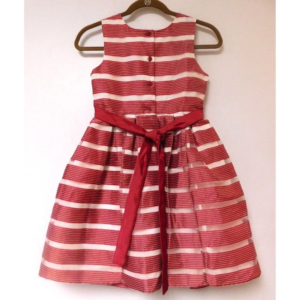 Jona Michelle Girls Size 10  Cranberry and White Striped Dress‎ Bow in front